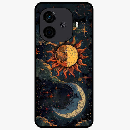 Sun And Moon Magic Design Glass Case showing flat back view with mystical sun and moon artwork and glossy glass finish.