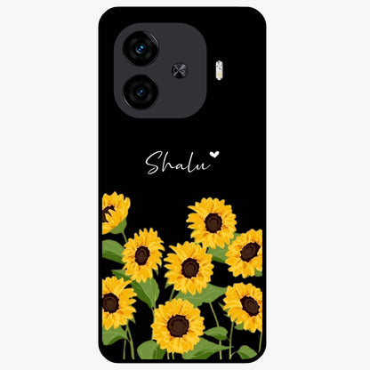 Sunflower Chic Mood Custom Name Glass Case showing flat back view with stylish sunflower artwork and personalized name design.