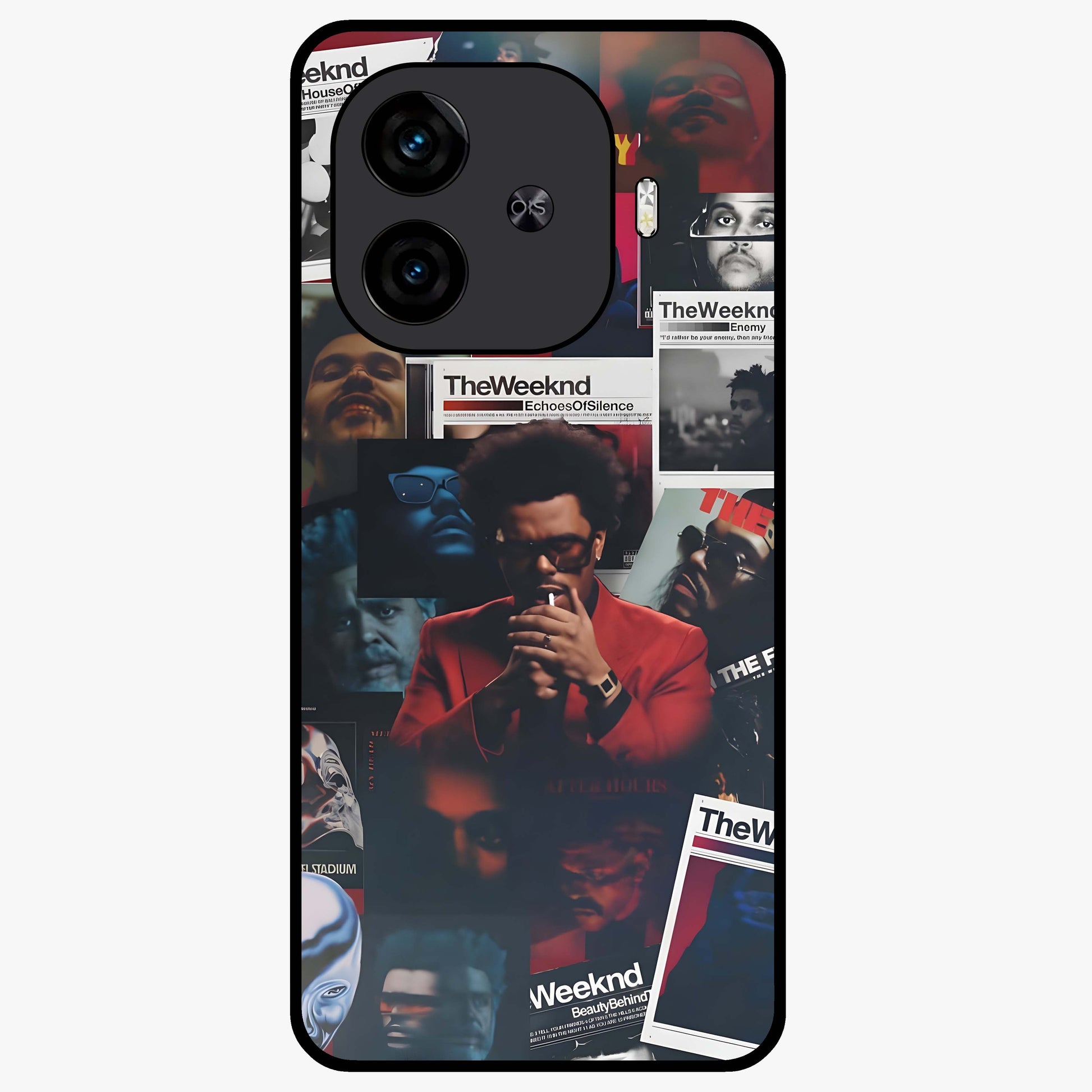 The Weeknd Glass Case showing flat back view with music inspired artistic portrait artwork and glossy glass finish.