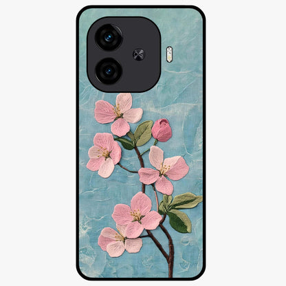 Threaded Blossom Breeze Glass Case showing flat back view with delicate blossom artwork and glossy glass finish.
