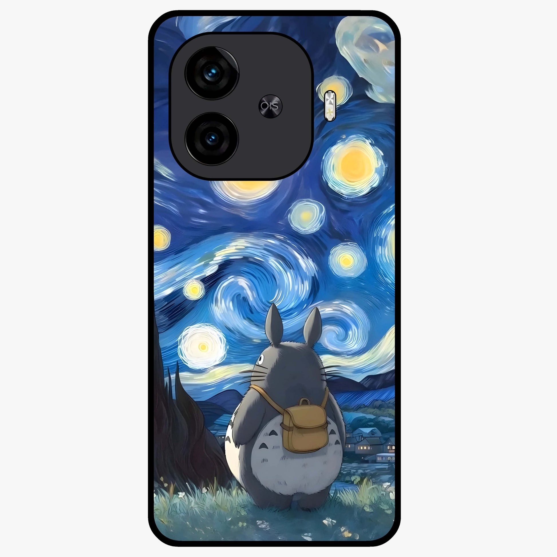 Totoro In Van Gogh Art Glass Case showing flat back view with whimsical character artwork inspired by Van Gogh style and glossy glass finish.