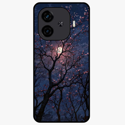 Twilight Sakura Serenade Glass Case showing flat back view with cherry blossom artwork at twilight and glossy glass finish.