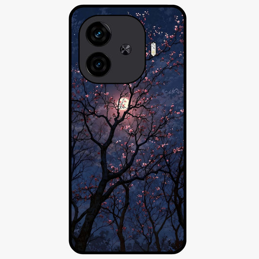 Twilight Sakura Serenade Glass Case showing flat back view with cherry blossom artwork at twilight and glossy glass finish.