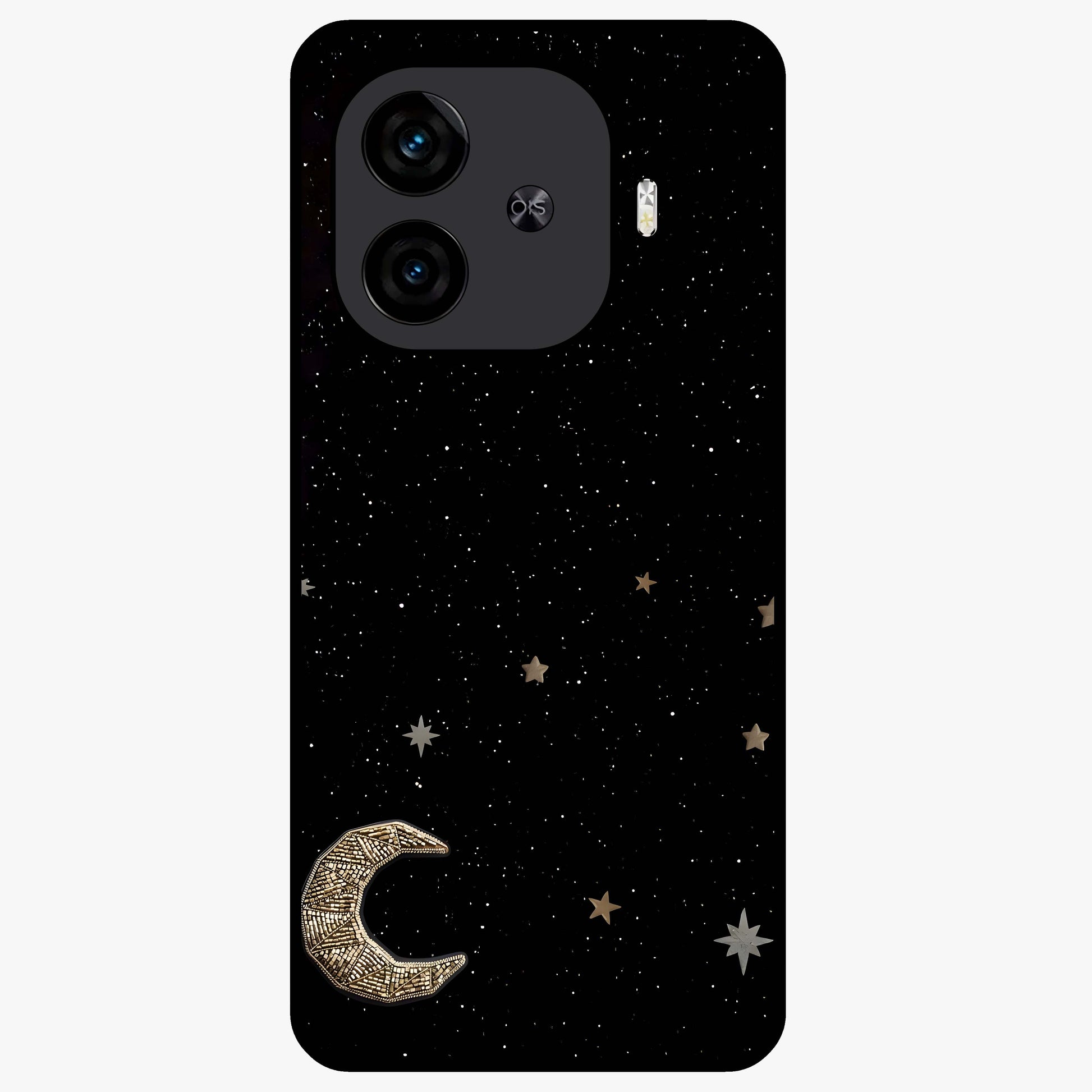 Twinkle Star With Half Moon Glass Case showing flat back view with star and half moon artwork and glossy glass finish.