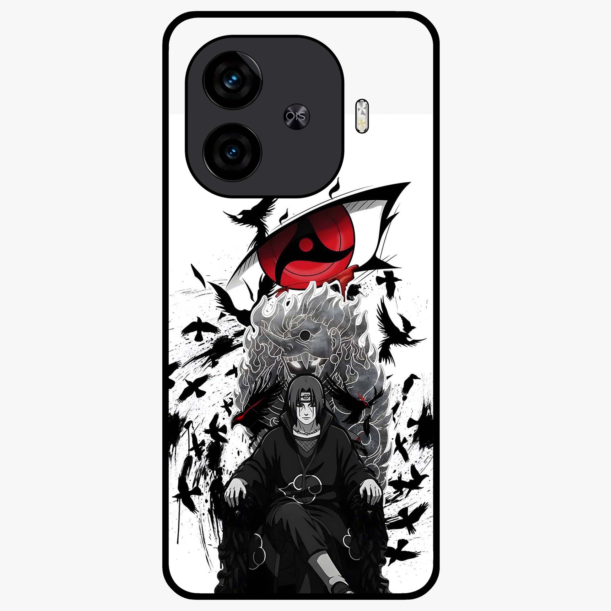 Uchiha Shadow Throne Glass Case showing flat back view with cosmic underwater themed artwork and glossy glass finish.