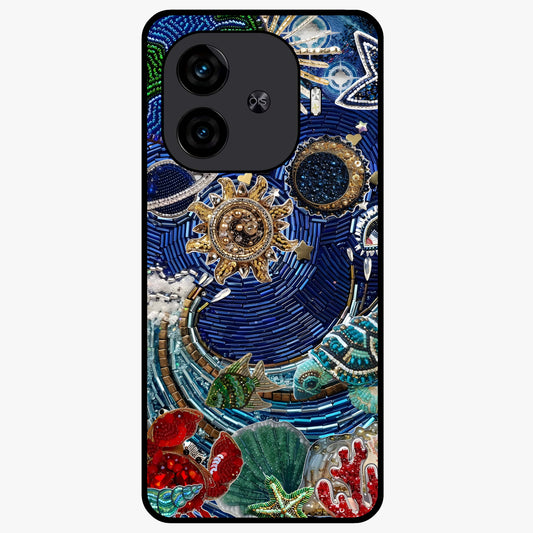 Universe Underwater Spark Glass Case showing flat back view with cosmic underwater themed artwork and glossy glass finish.