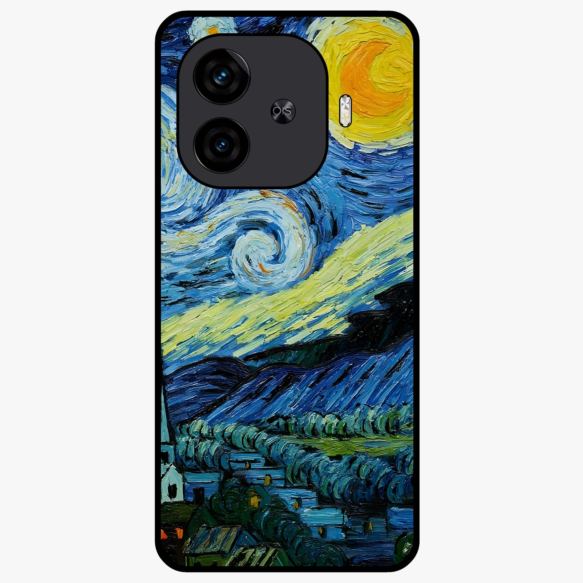 Van Gogh Art Glass Case showing flat back view with classic painterly artwork inspired by Van Gogh style and glossy glass finish.
