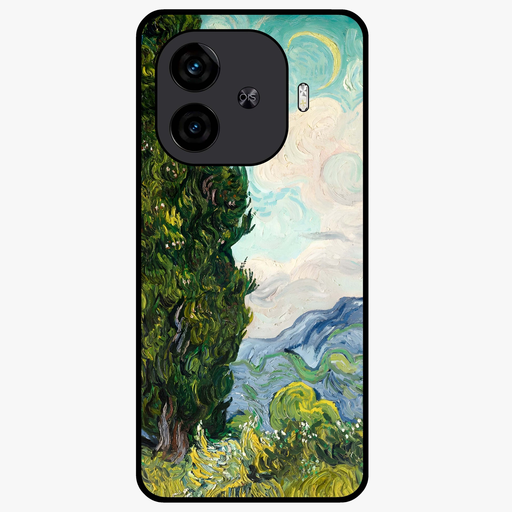 Van Gogh Vintage Art Glass Case showing flat back view with vintage painterly artwork inspired by Van Gogh style and glossy glass finish.
