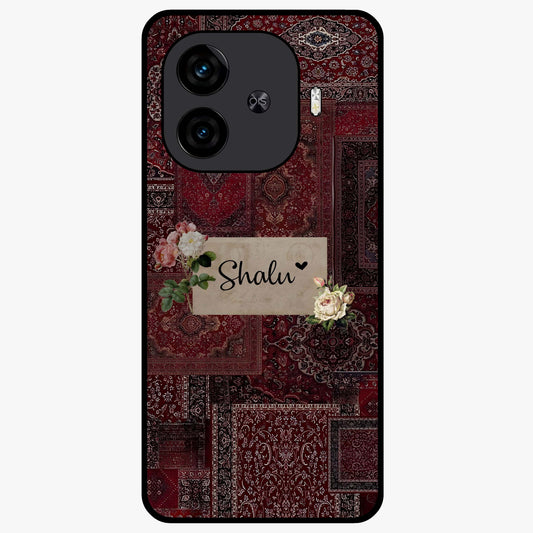 Velvet Wine Pattern Custom Name Glass Case showing flat back view with elegant wine colored pattern artwork and personalized name design.
