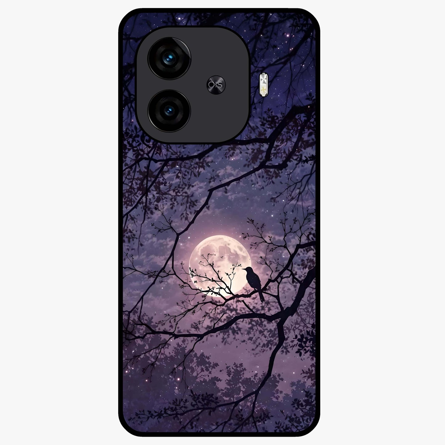 Whispering Moon Silence Glass Case showing flat back view with serene moon themed artwork and glossy glass finish.