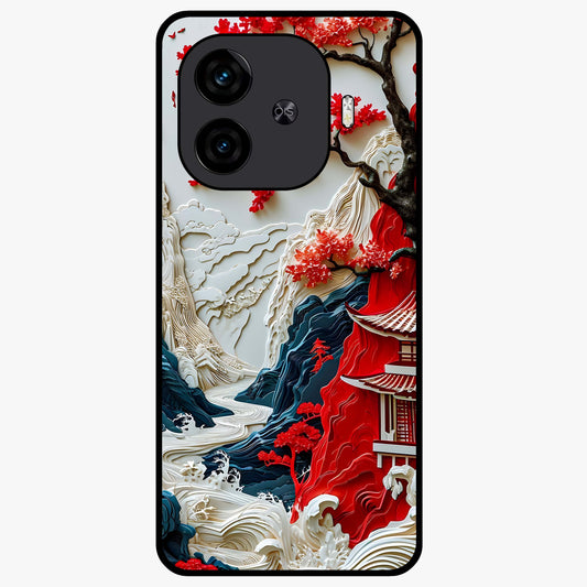 Whispers Of Sakura Waves Glass Case showing flat back view with cherry blossom wave artwork and glossy glass finish.