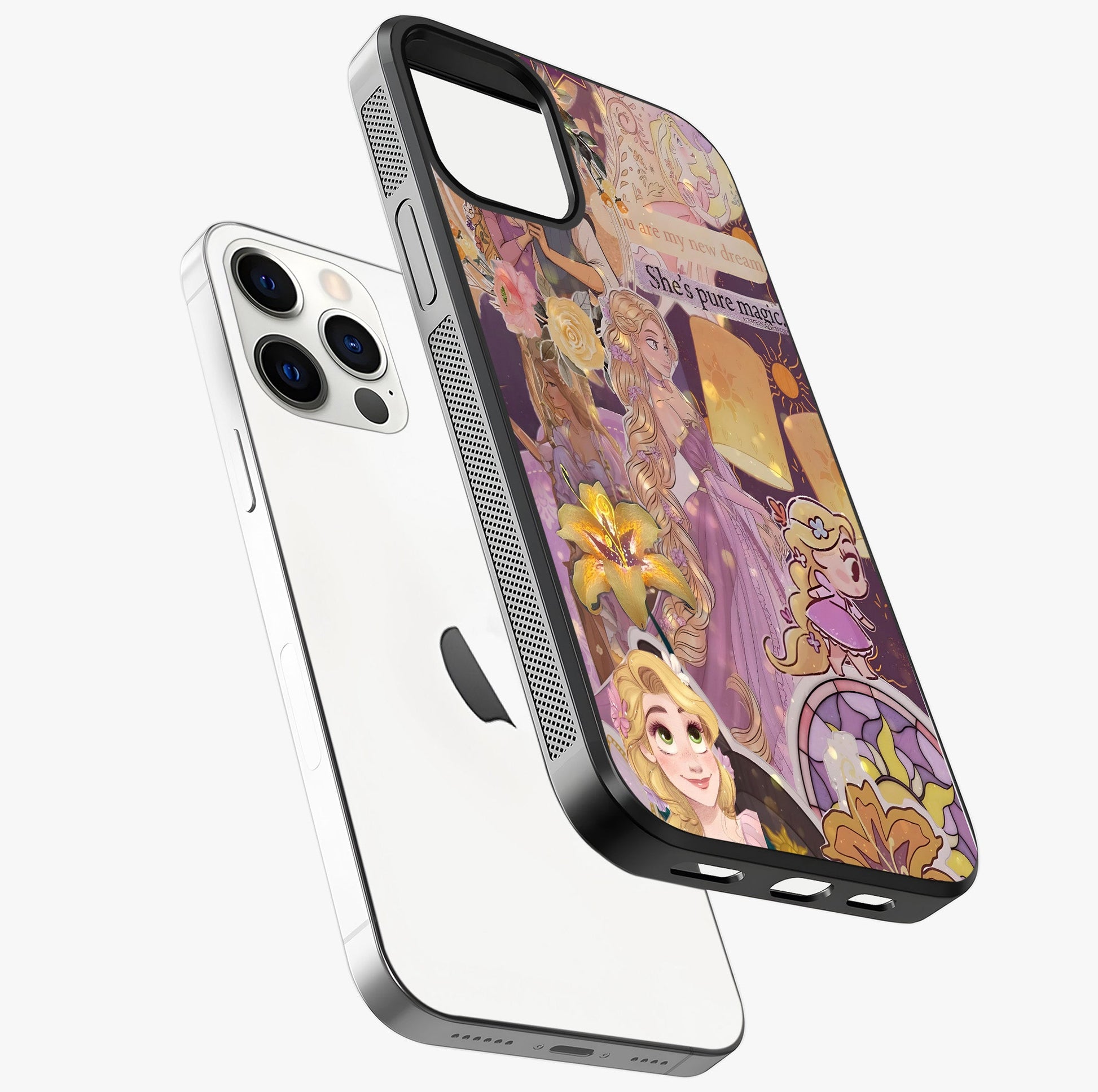 Magical Tangled Dream Glass Case laid diagonally highlighting side profile, edges and glossy glass shine.