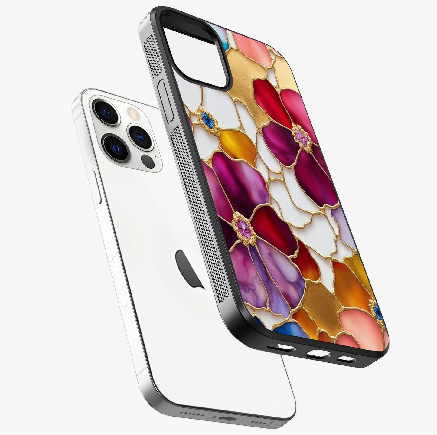 Marble Flower Pattern Glass Case laid diagonally highlighting side profile, edges and glossy glass shine.