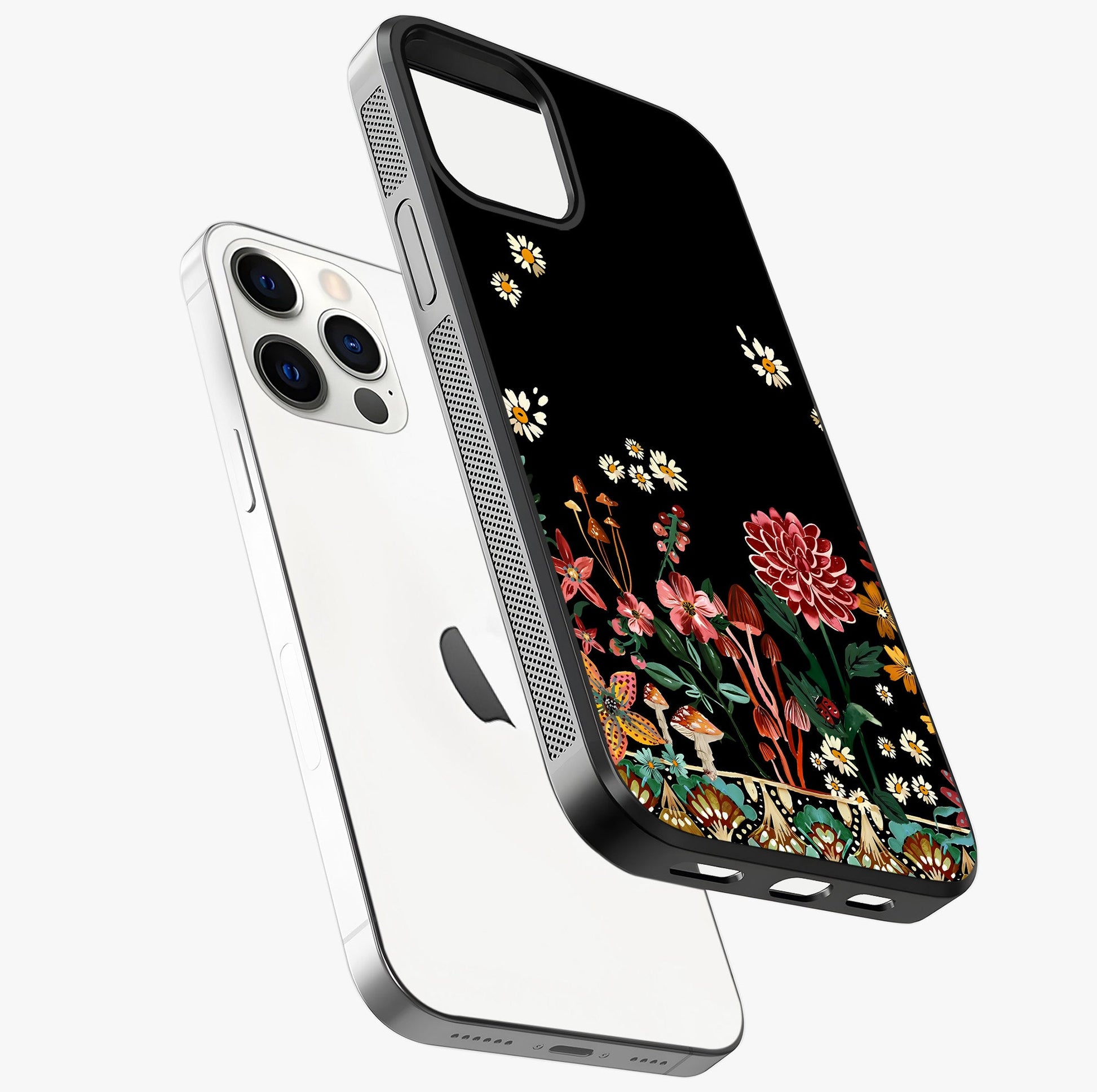 Midnight Bloom Pattern Glass Case laid diagonally highlighting side profile, edges and glossy glass shine.