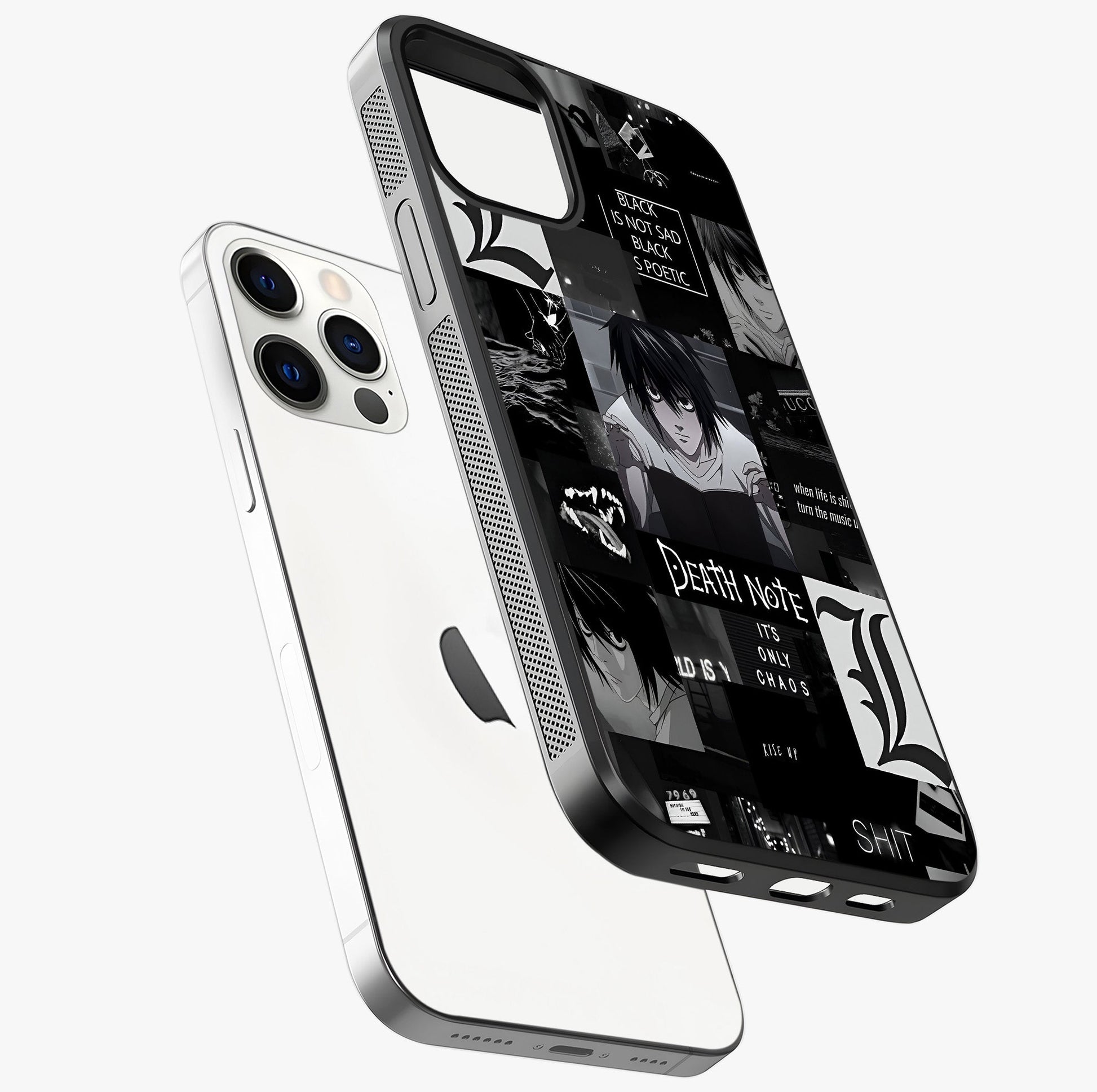 Midnight Chaos Mind Glass Case laid diagonally highlighting side profile, edges and glossy glass shine.