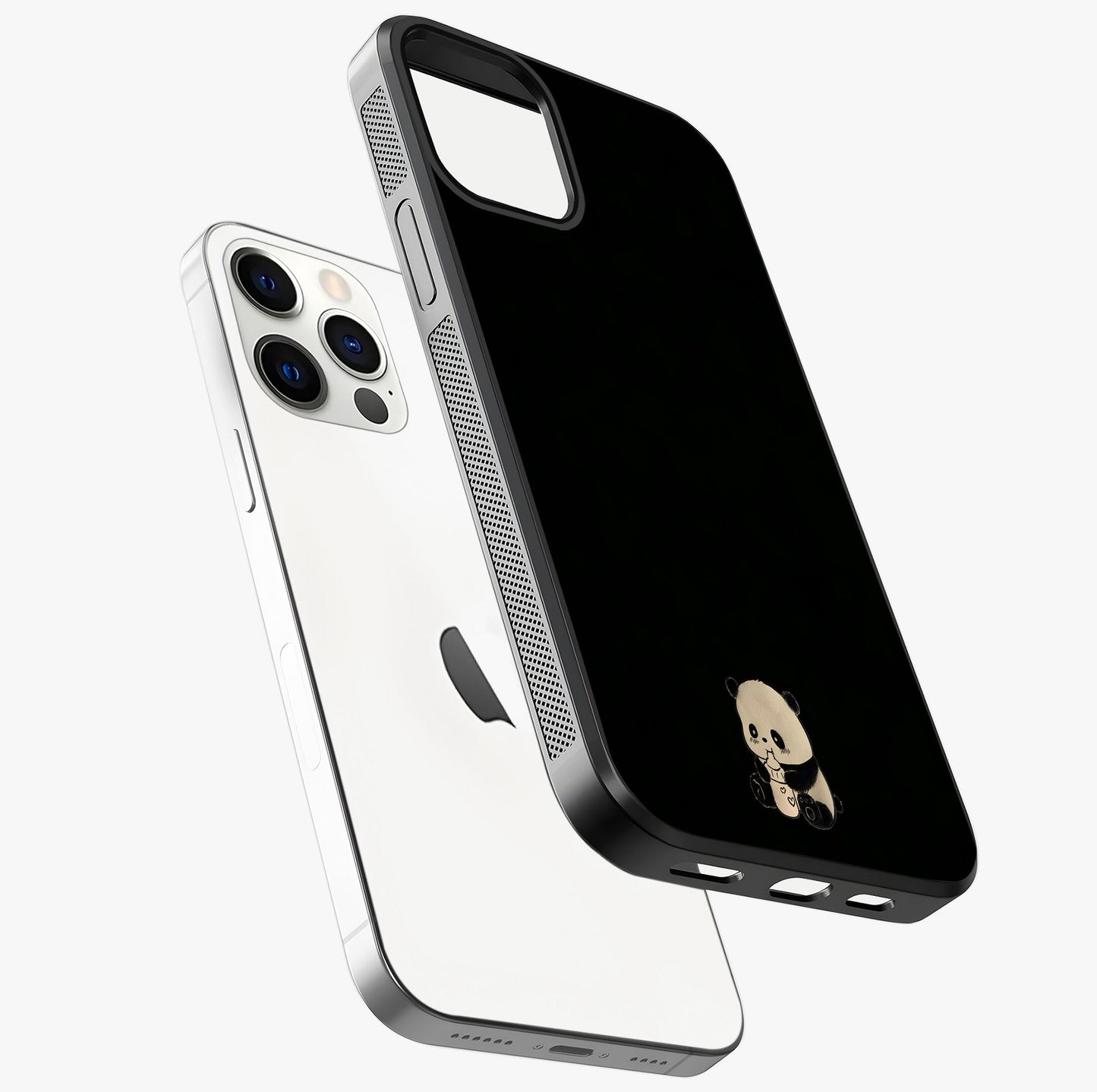 Midnight Panda Love Glass Case laid diagonally highlighting side profile, edges and glossy glass shine.