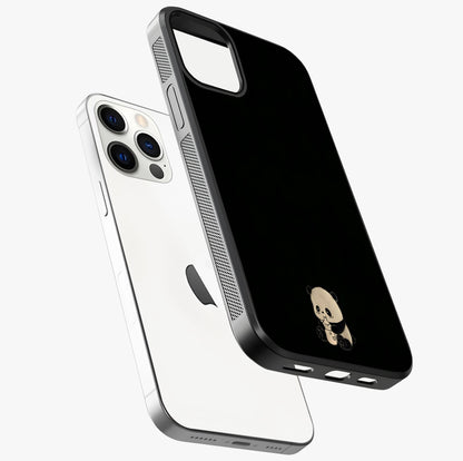 Midnight Panda Love Glass Case laid diagonally highlighting side profile, edges and glossy glass shine.