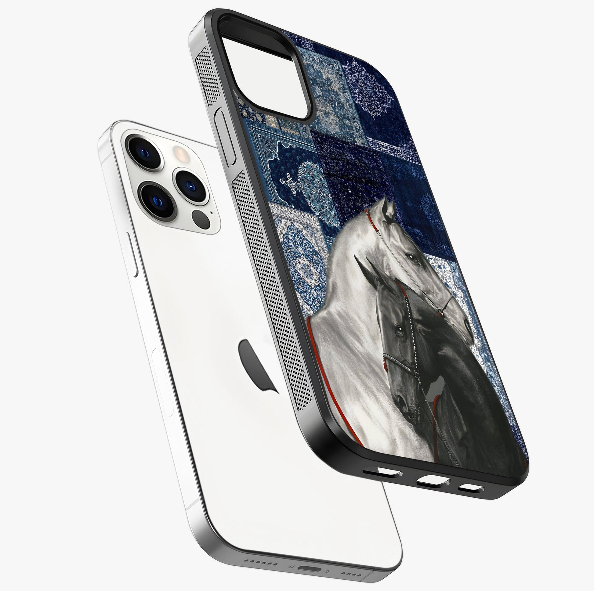 Midnight Stallion Blues Glass Case laid diagonally highlighting side profile, edges and glossy glass shine.