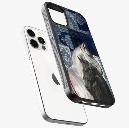 Midnight Stallion Blues Glass Case laid diagonally highlighting side profile, edges and glossy glass shine.