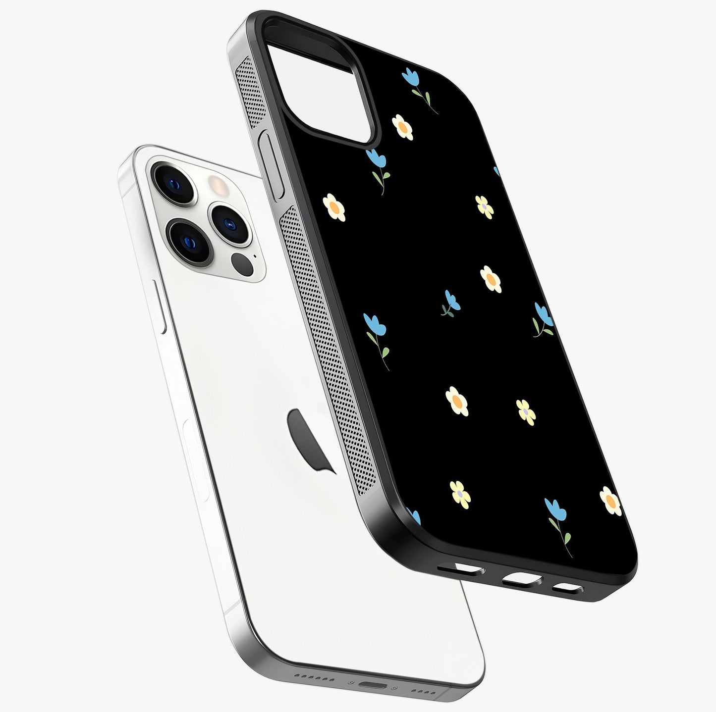 Minimalistic Blue With White Flower Pattern Glass Case laid diagonally highlighting side profile, edges and glossy glass shine.