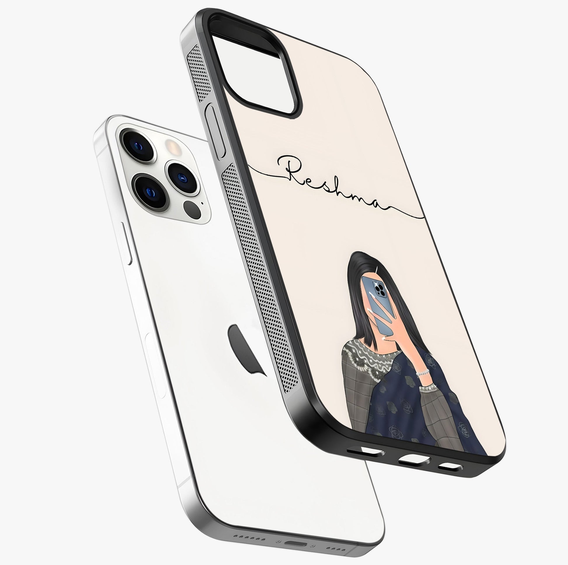 Mirror Mood Muse With Custom Name Glass Case laid diagonally highlighting side profile, edges and glossy glass shine.