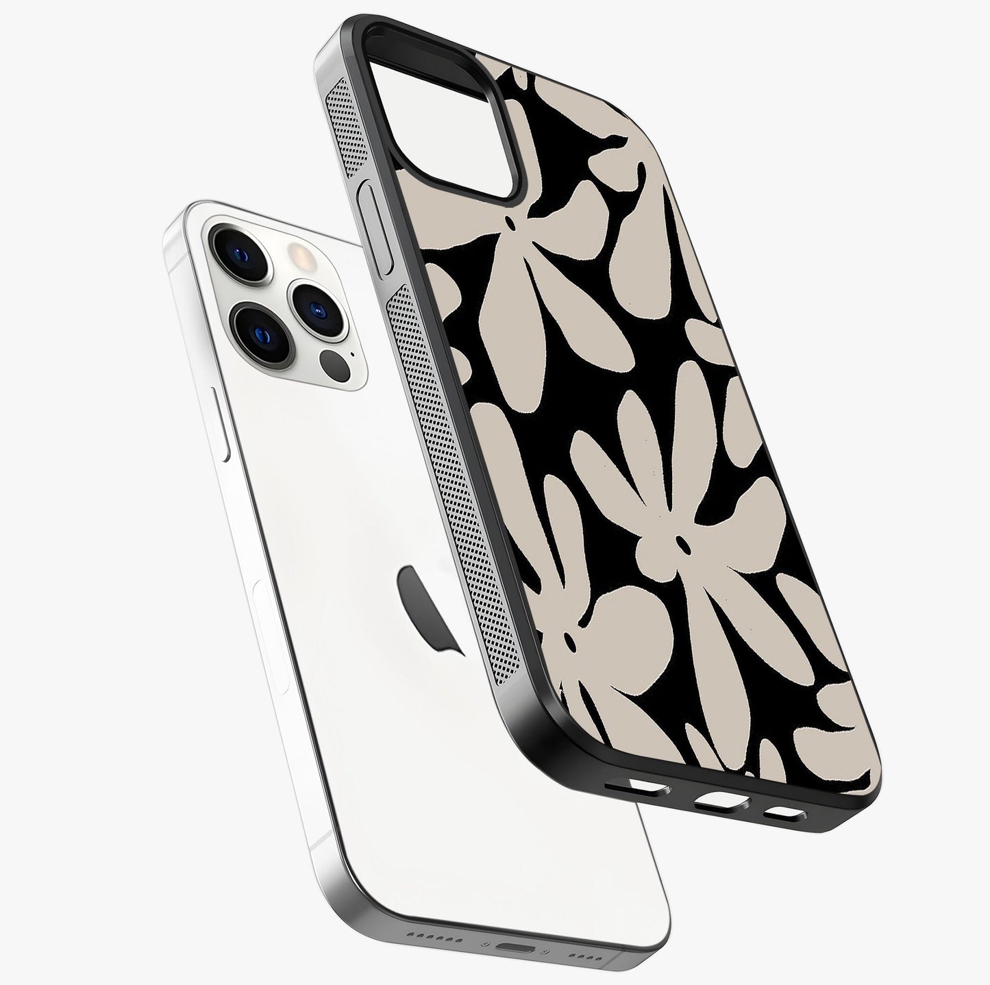 Monochrome Petal Dance Glass Case laid diagonally highlighting side profile, edges and glossy glass shine.