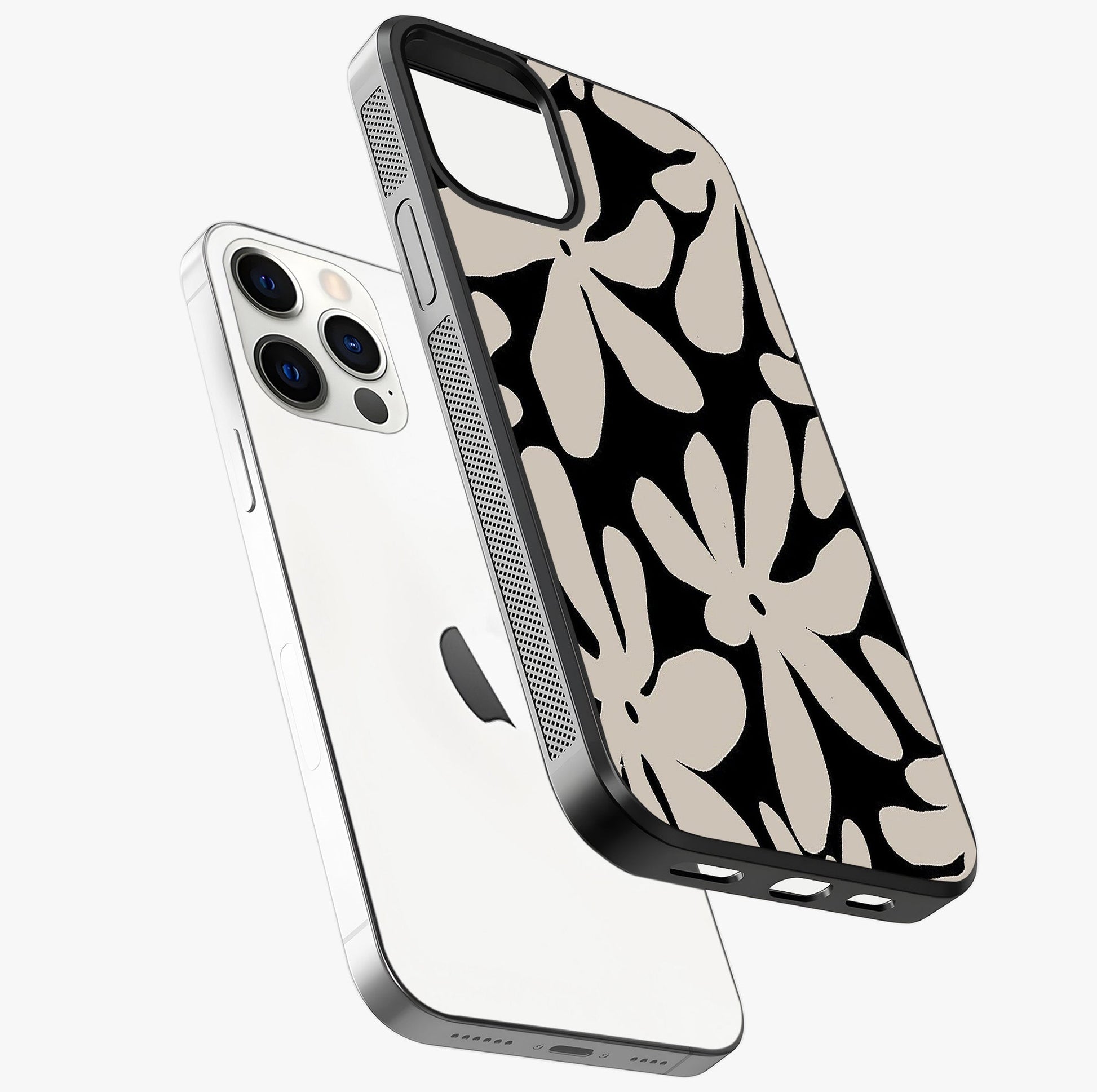 Monochrome Petal Dance Glass Case laid diagonally highlighting side profile, edges and glossy glass shine.