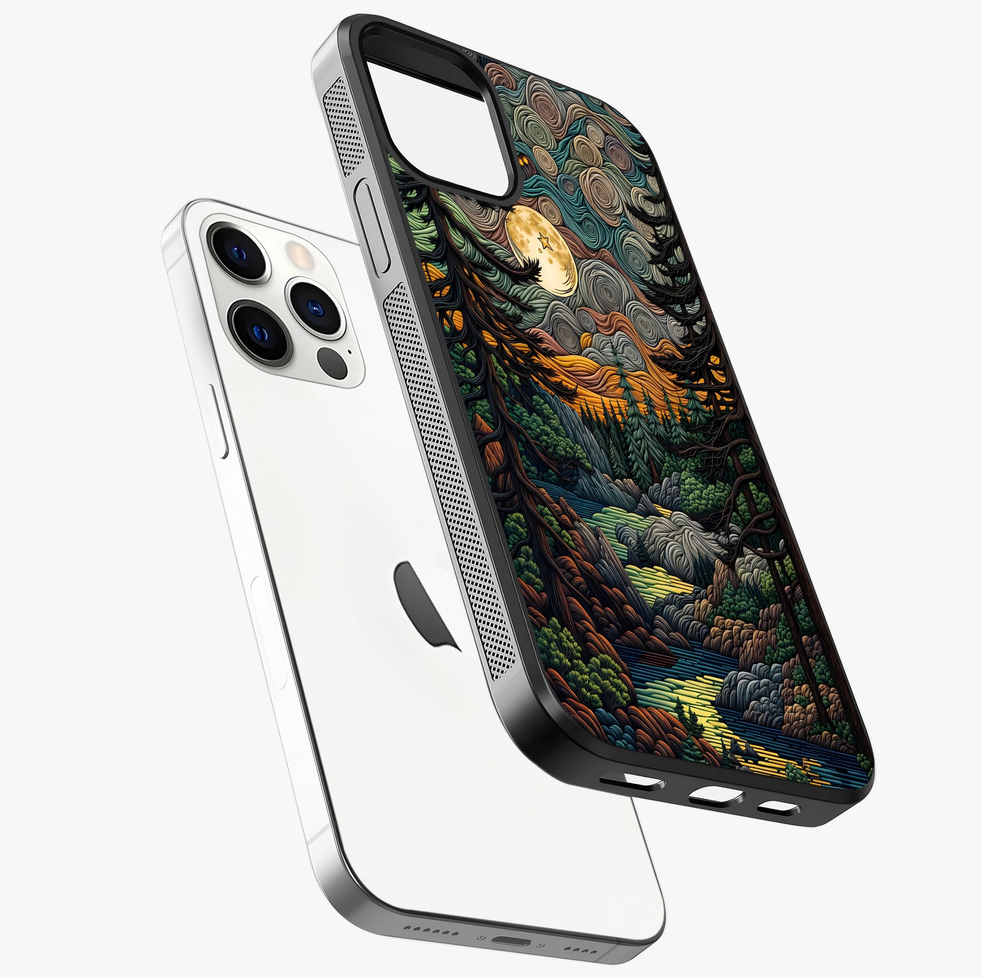 Moonlight Forest Dream Glass Case laid diagonally highlighting side profile, edges and glossy glass shine.