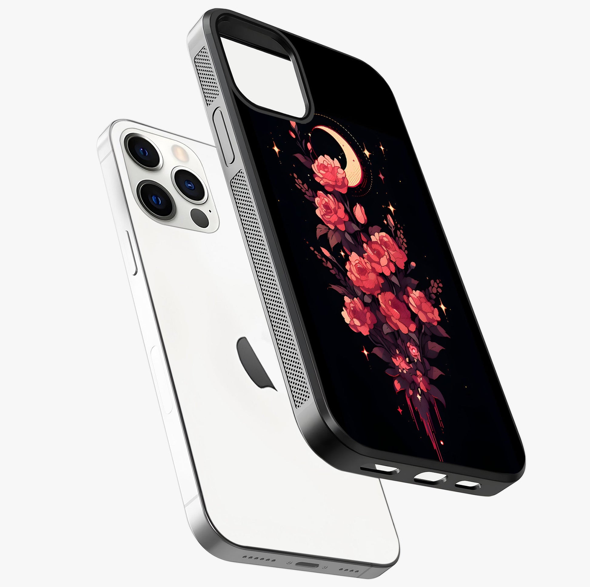 Moonlit Floral Elegance Glass Case laid diagonally highlighting side profile, edges and glossy glass shine.