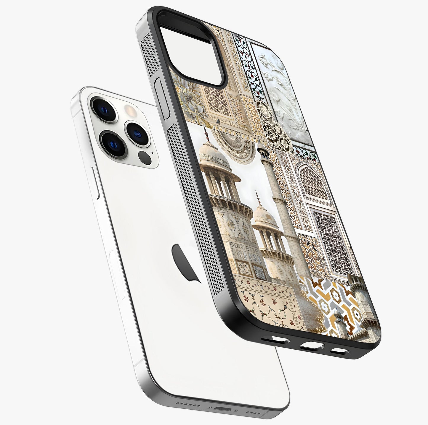 Mughal Marble Legacy Glass Case laid diagonally highlighting side profile, edges and glossy glass shine.