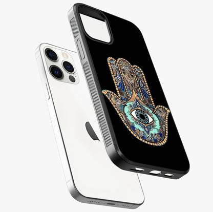 Mystic Hamsa Eye Glass Case laid diagonally highlighting side profile, edges and glossy glass shine.