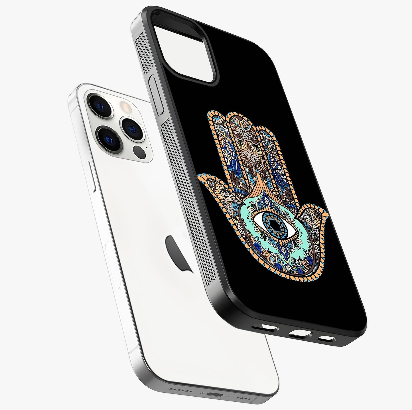 Mystic Hamsa Eye Glass Case laid diagonally highlighting side profile, edges and glossy glass shine.