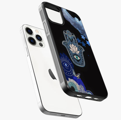 Mystic Hand Aura Glass Case laid diagonally highlighting side profile, edges and glossy glass shine.