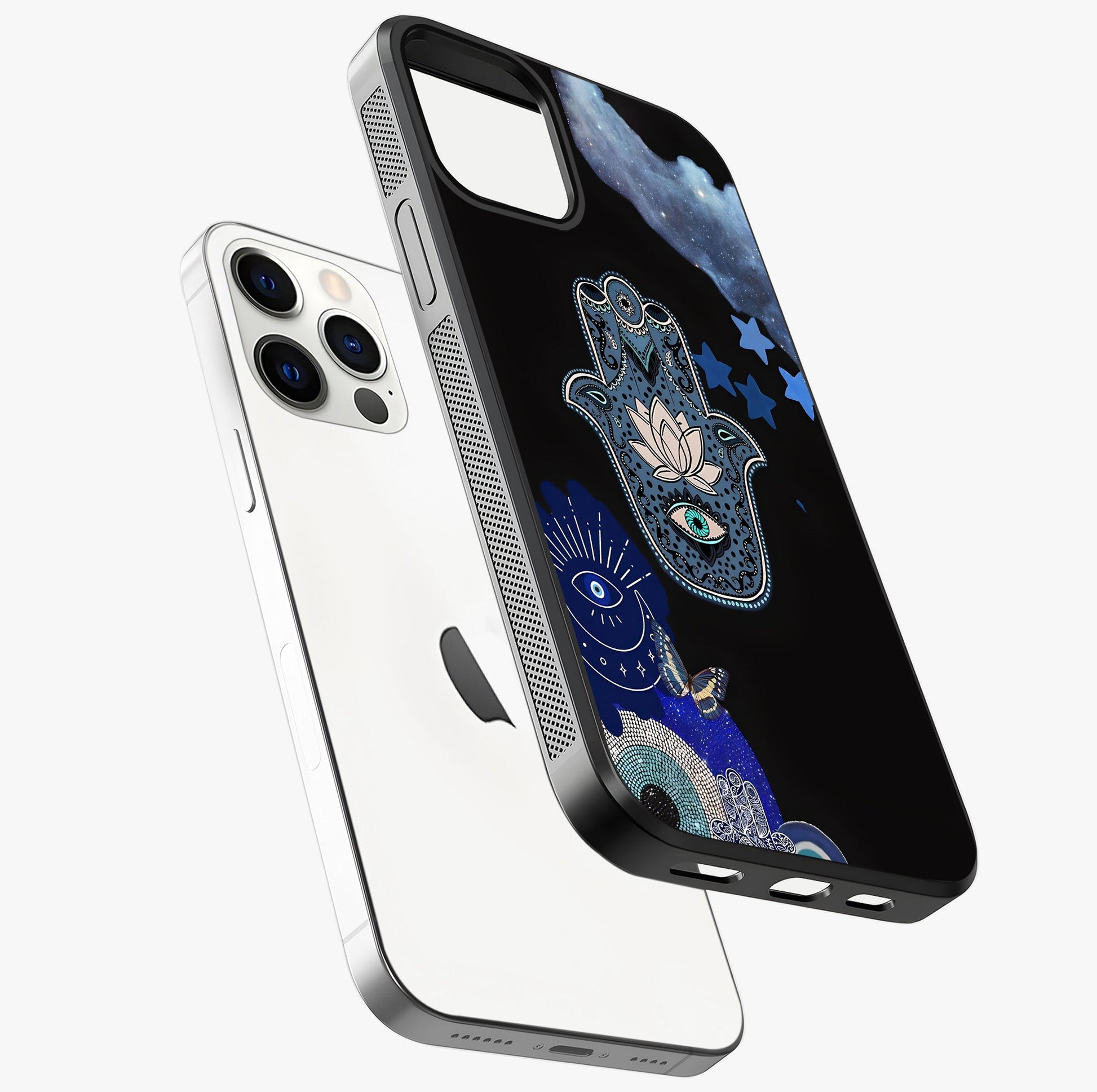 Mystic Hand Aura Glass Case laid diagonally highlighting side profile, edges and glossy glass shine.