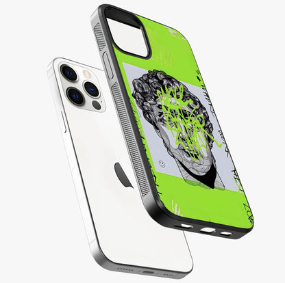 Neo Graffiti Rebellion Glass Case laid diagonally highlighting side profile, edges and glossy glass shine.
