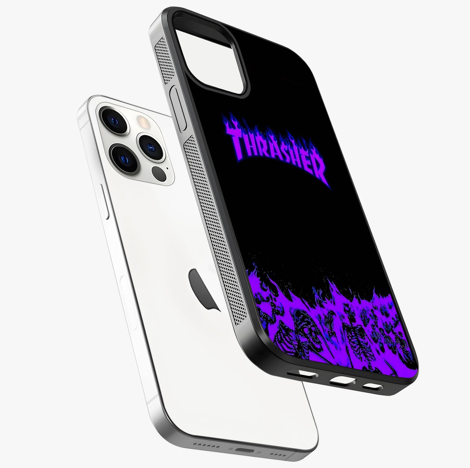 Neon Flame Riot Glass Case laid diagonally highlighting side profile, edges and glossy glass shine.