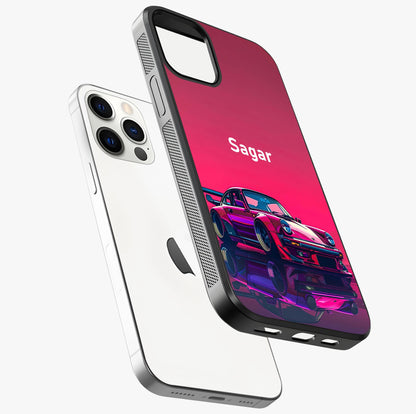 Neon Pink Porsche Glass Case laid diagonally highlighting side profile, edges and glossy glass shine.