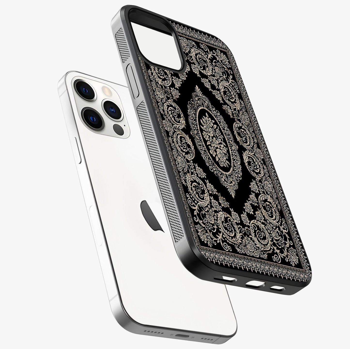 Noir Bloom Elegance Glass Case laid diagonally highlighting side profile, edges and glossy glass shine.