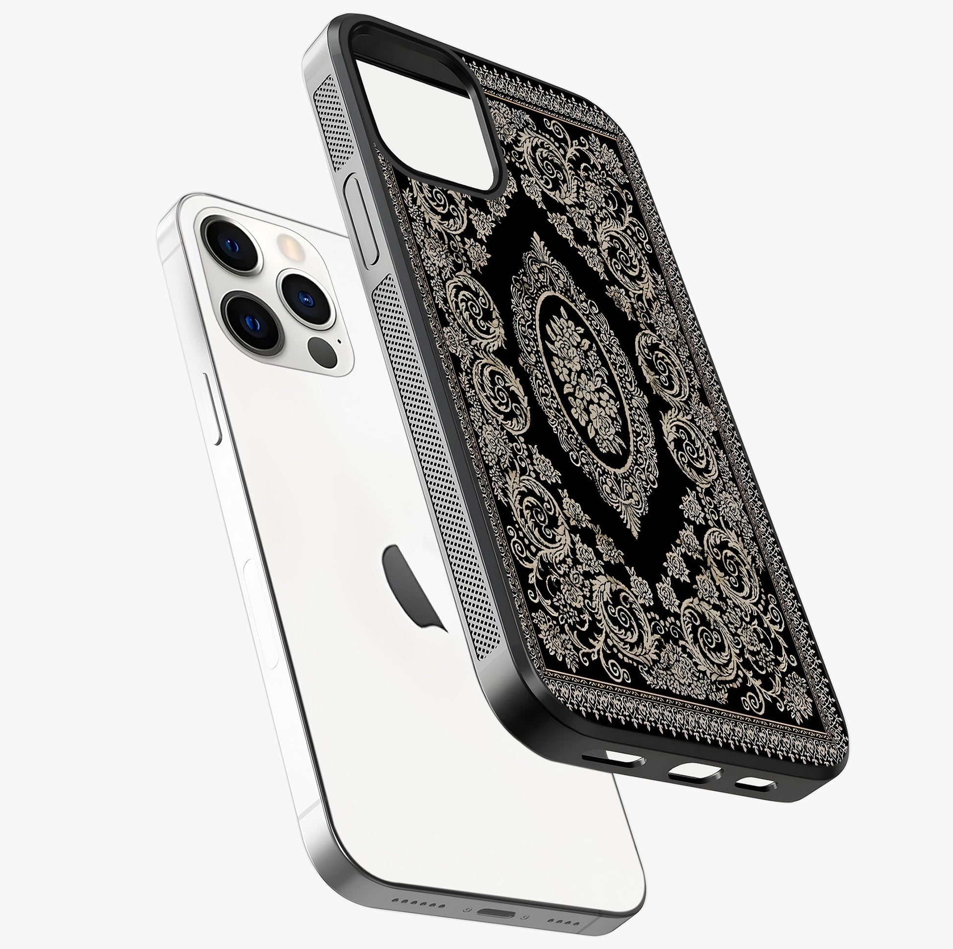 Noir Bloom Elegance Glass Case laid diagonally highlighting side profile, edges and glossy glass shine.