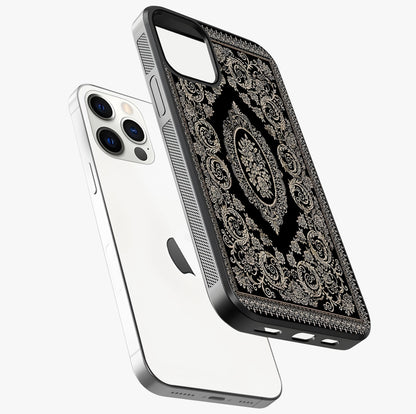 Noir Bloom Elegance Glass Case laid diagonally highlighting side profile, edges and glossy glass shine.