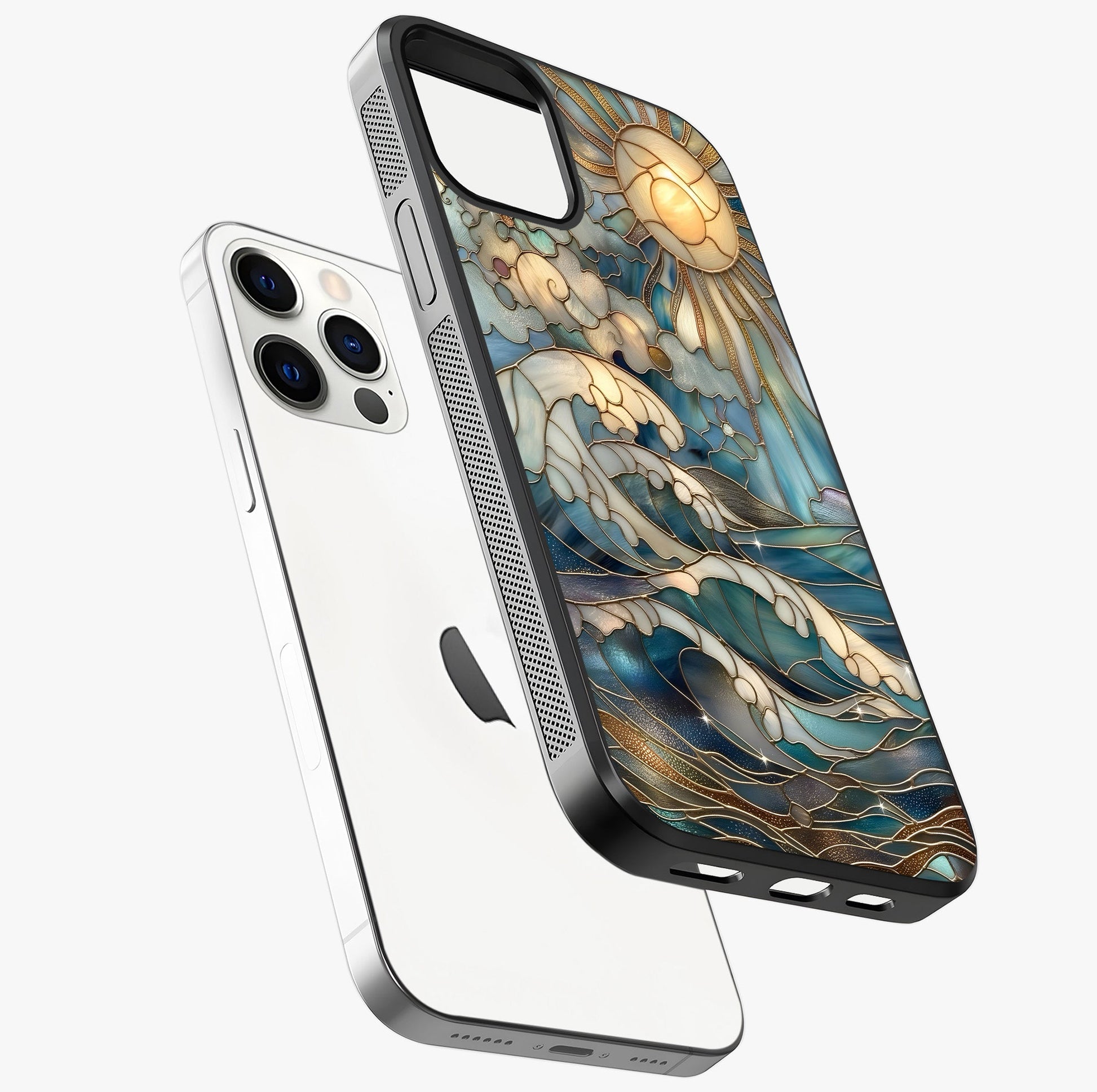 Oceanic Stained Printed Glass Case laid diagonally highlighting side profile, edges and glossy glass shine.