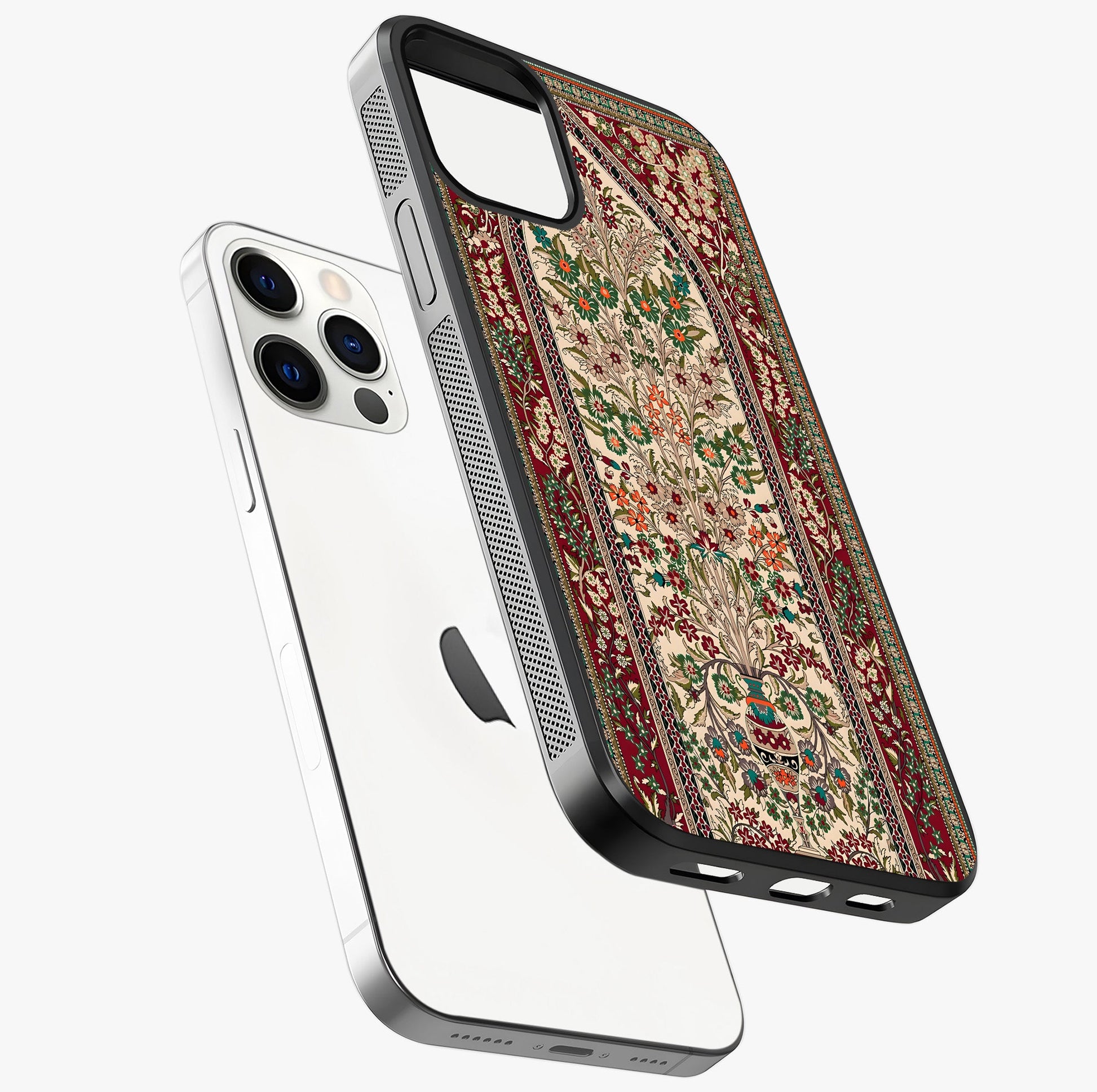 Persian Inspired Glass Case laid diagonally highlighting side profile, edges and glossy glass shine.