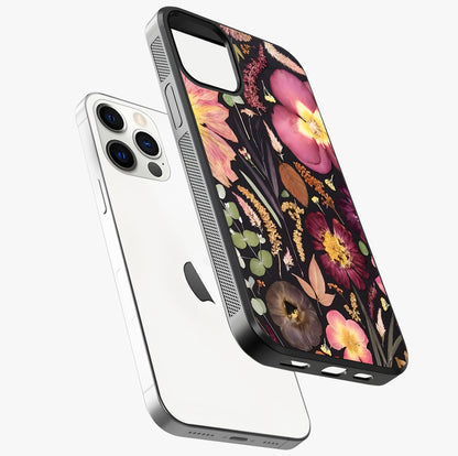 Petal Dream Tapestry Glass Case laid diagonally highlighting side profile, edges and glossy glass shine.