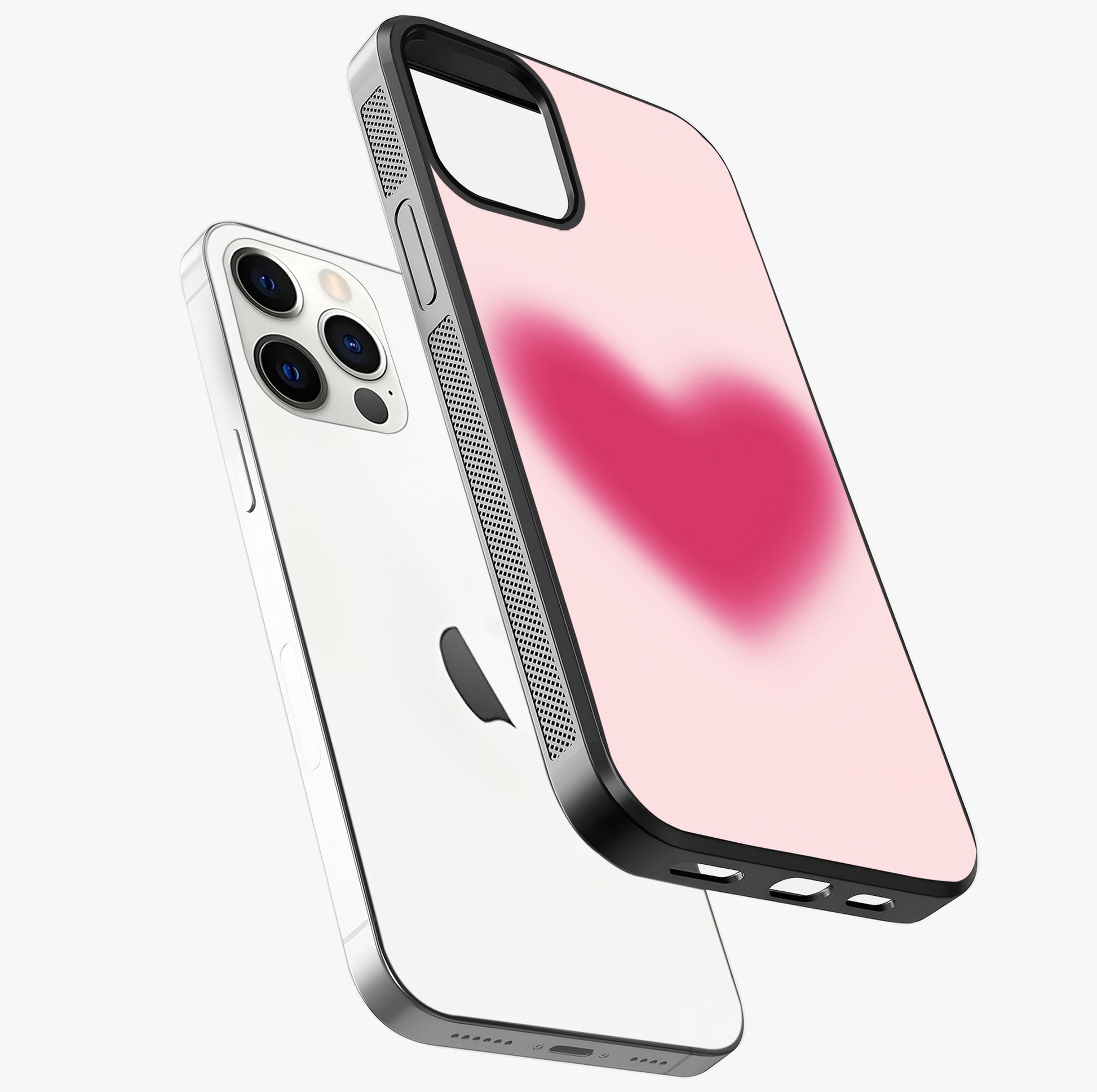 Pink Aura Heart Glass Case laid diagonally highlighting side profile, edges and glossy glass shine.