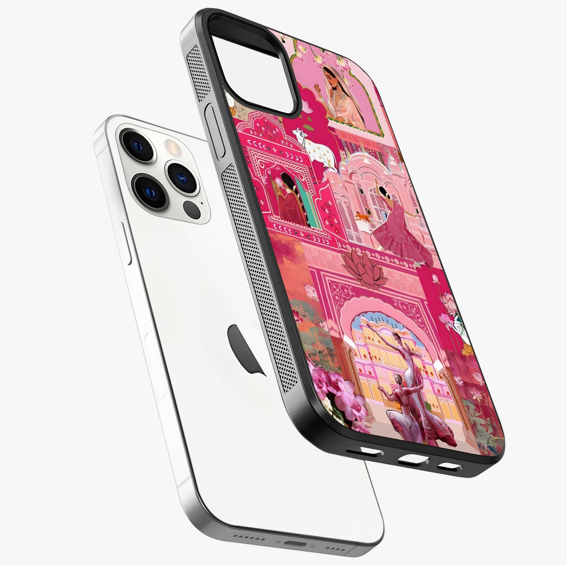 Pink Palace Muse Glass Case laid diagonally highlighting side profile, edges and glossy glass shine.