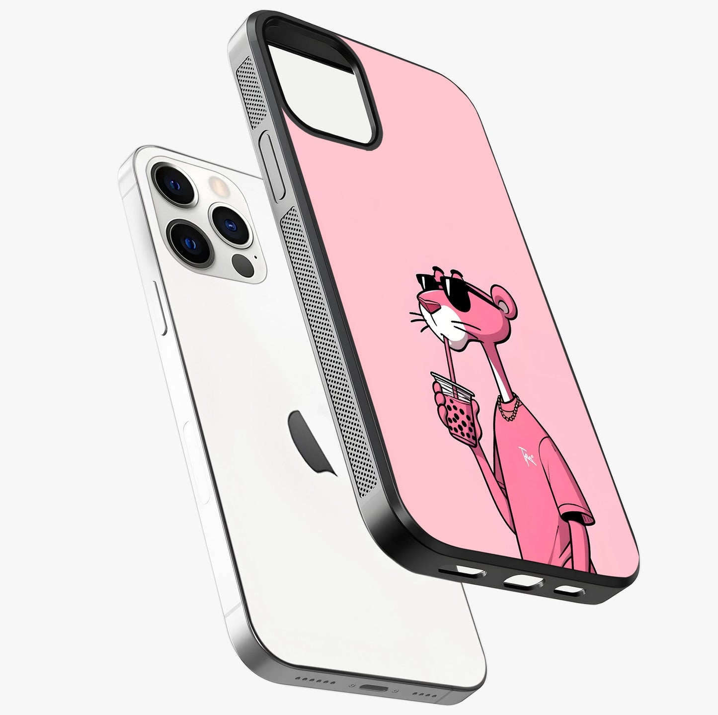 Pink Panther Glass Case laid diagonally highlighting side profile, edges and glossy glass shine.