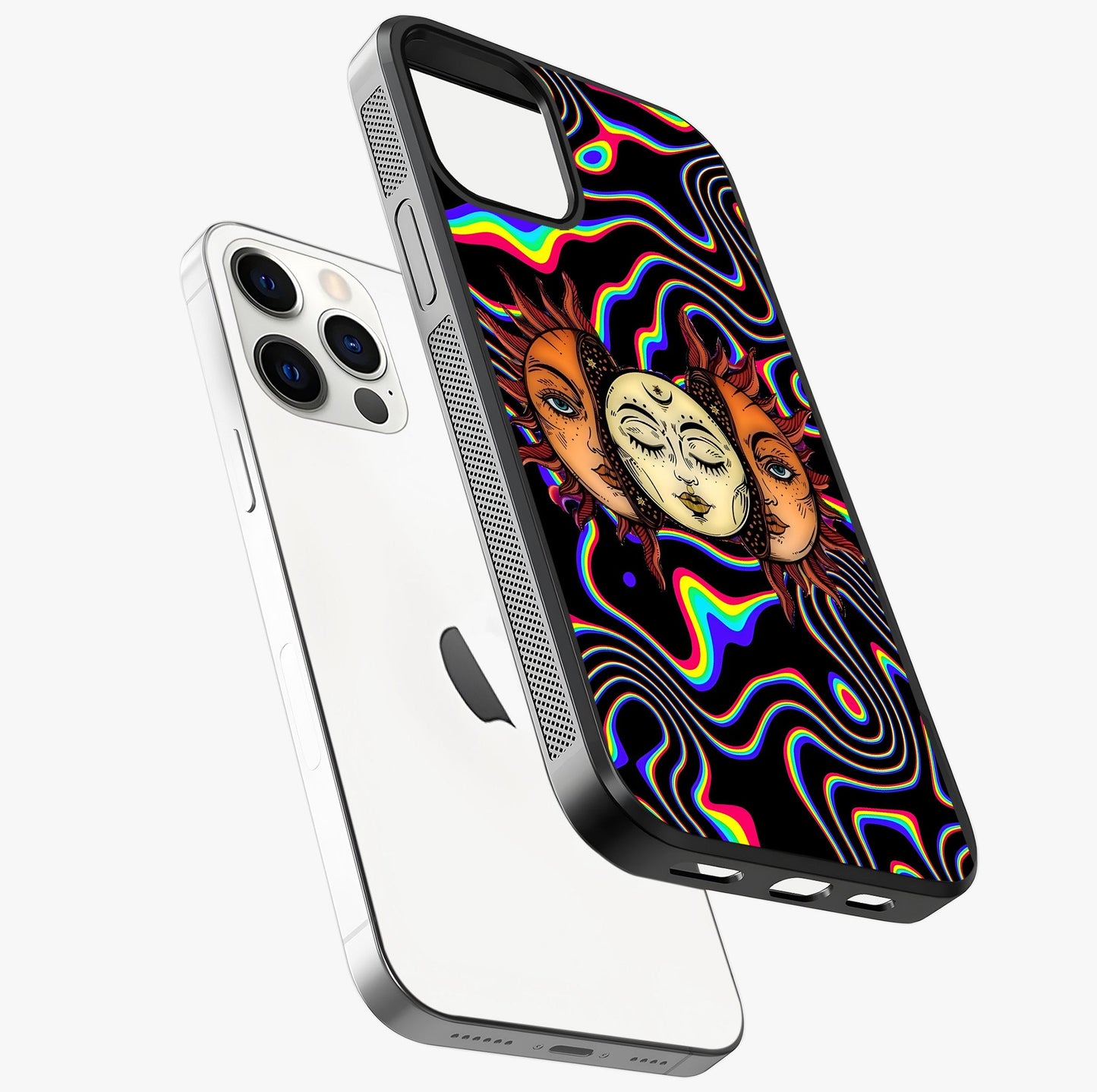Psychedelic Sun Glass Case laid diagonally highlighting side profile, edges and glossy glass shine.