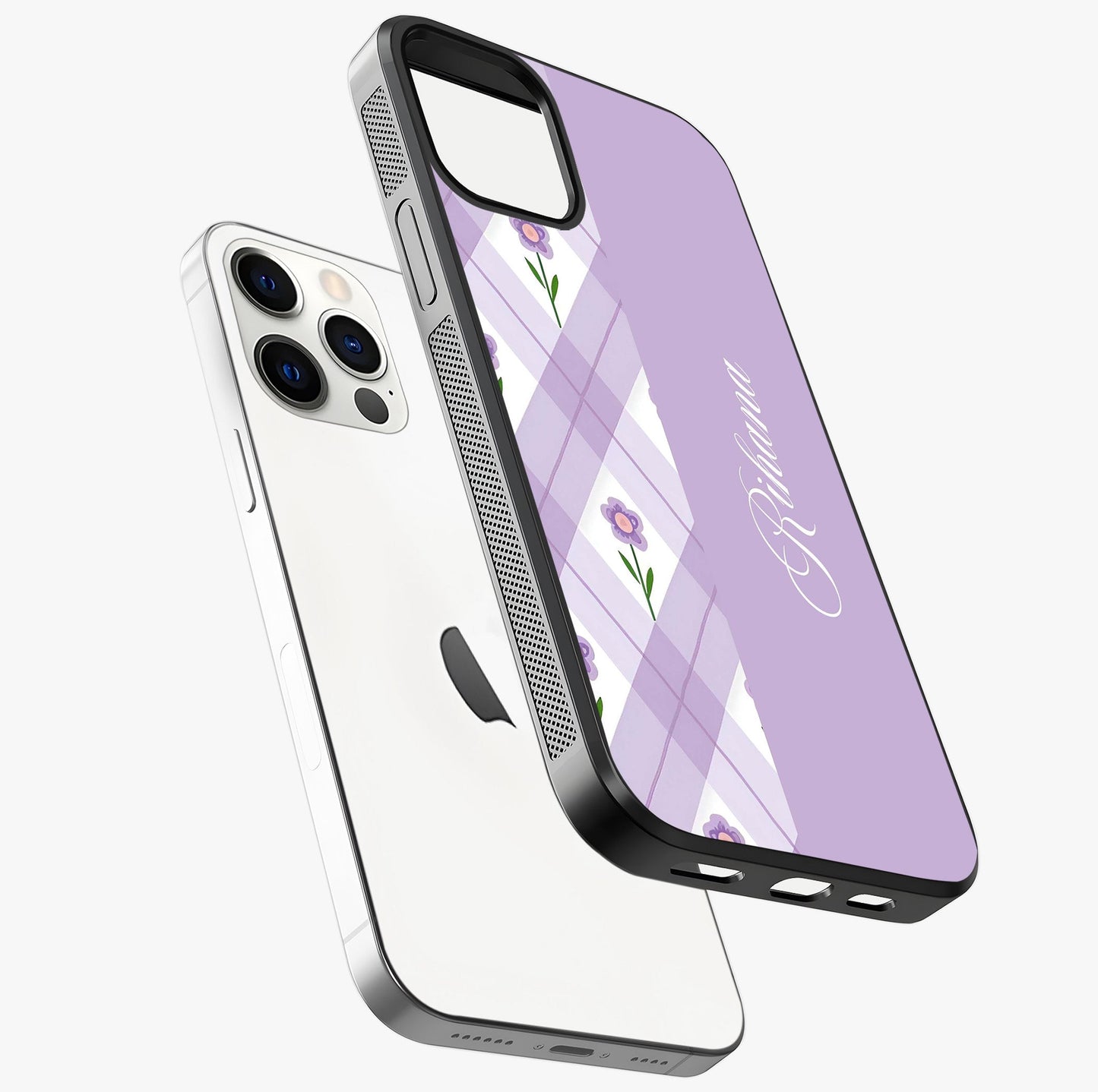 Purple Diamond Floral Glass Case laid diagonally highlighting side profile, edges and glossy glass shine.