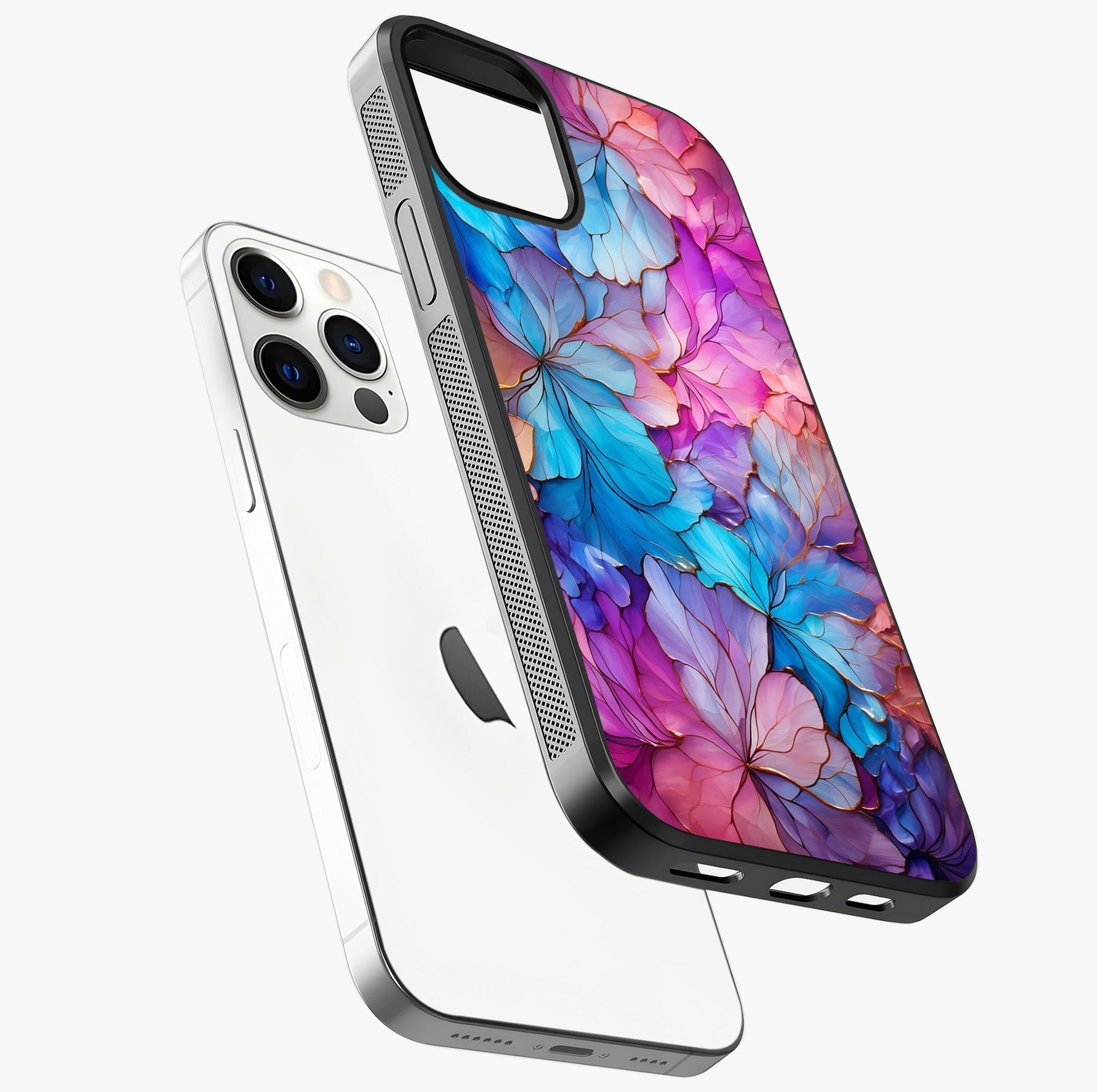 Radiant Floral Whirl Glass Case laid diagonally highlighting side profile, edges and glossy glass shine.