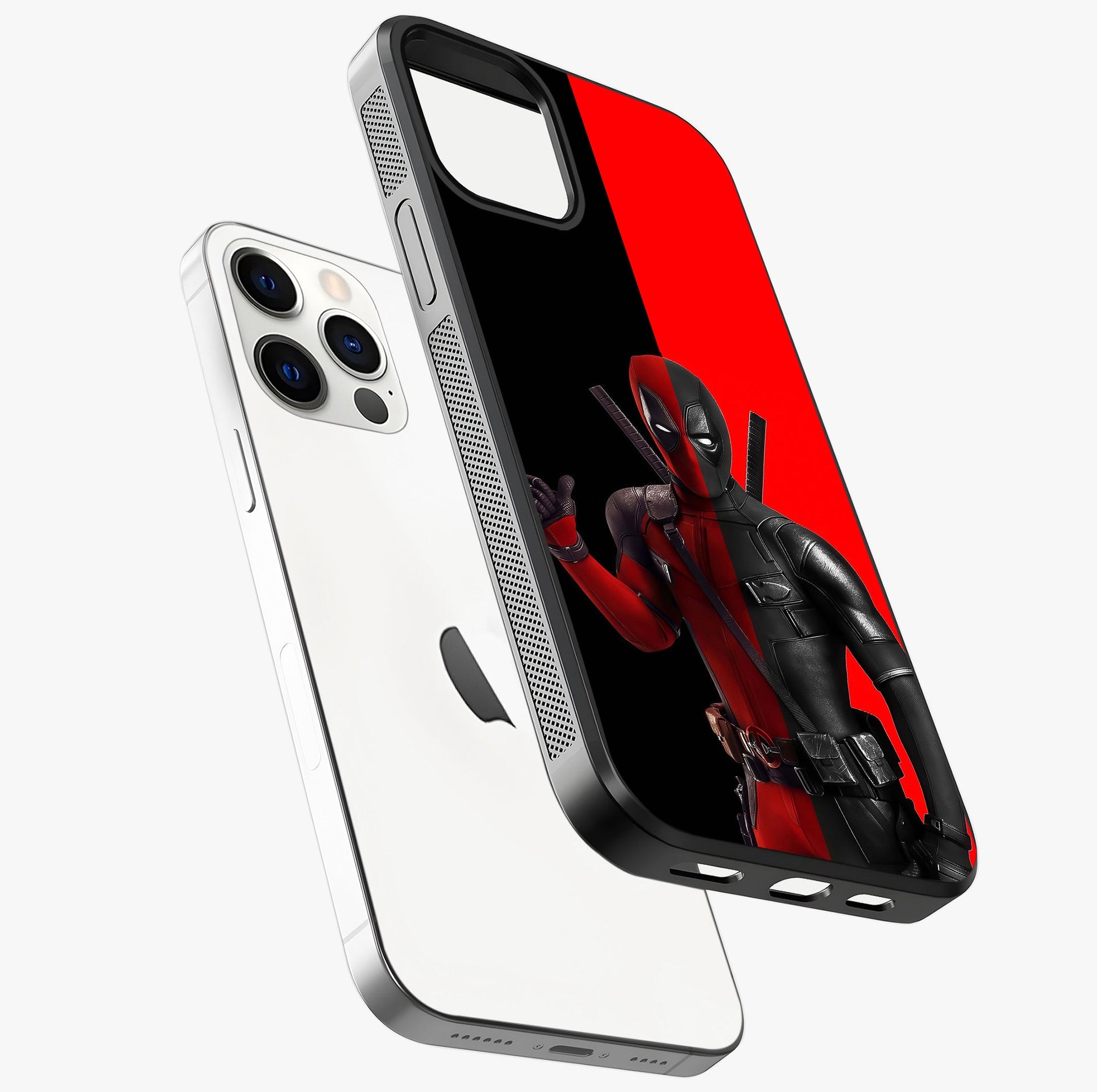 Red & Black Deadpool Theme Glass Case laid diagonally highlighting side profile, edges and glossy glass shine.